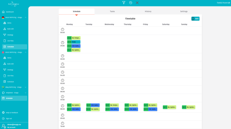 eSagu - Repricer for Amazon - Scheduler interface with time-of-day-dependent pricing rules and automated Amazon RePricing processes