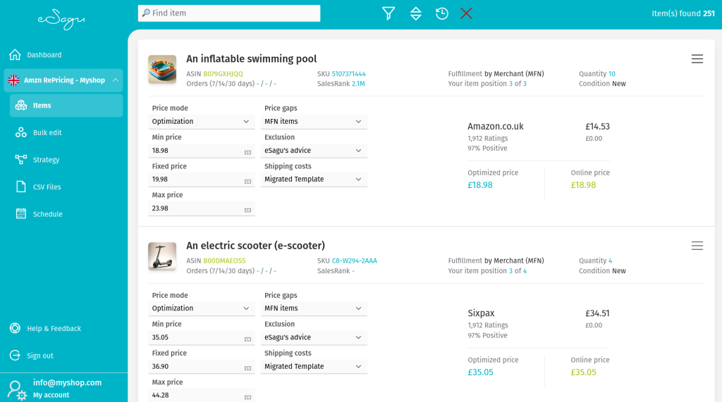 eSagu - RePricing for Amazon - Overview of items with product list, price optimization settings, and price comparison with the nearest competitor per item