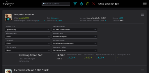 eSagu - RePricing für Amazon - Mobile Artikelübersicht mit Produktliste, Preisoptimierungseinstellungen und Preisvergleich mit dem nächsten Konkurrenten pro Artikel