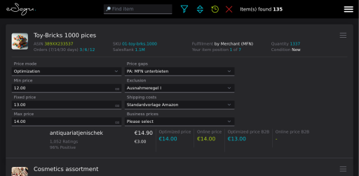 eSagu - RePricing for Amazon - Mobile Overview of items with product list, price optimization settings, and price comparison with the nearest competitor per item