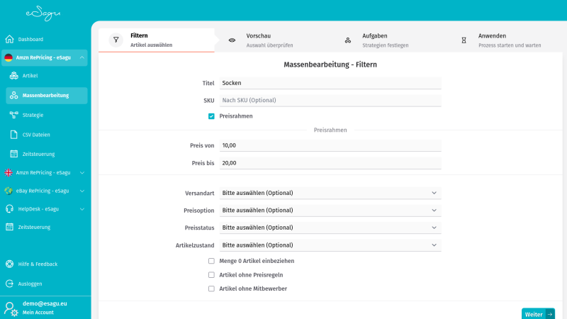 eSagu - Repricer für Amazon - Massenbearbeitung mit batch-fähigen Preisregeln, Produktlisten und automatisierter Amazon-Preisoptimierung