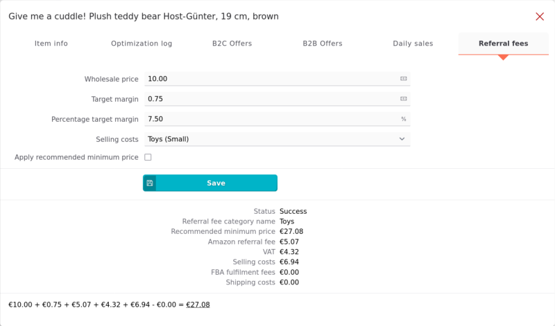 eSagu - Repricer for Amazon -  Margin calculation with cost overview, minimum price determination, and Amazon product calculation