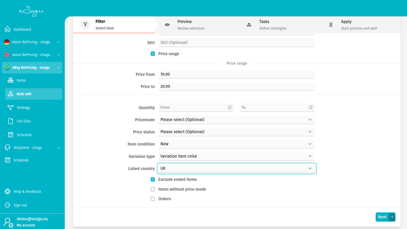 eSagu - Repricer for ebay - Bulk processing with batch-enabled pricing rules, product lists, and automated eBay price optimization