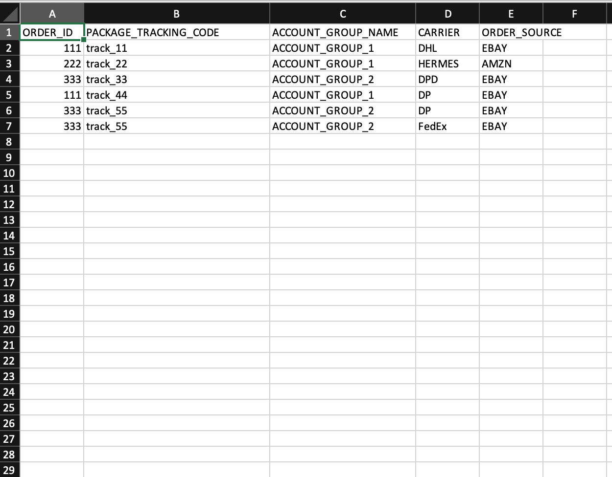 Tracking data CSV sample
