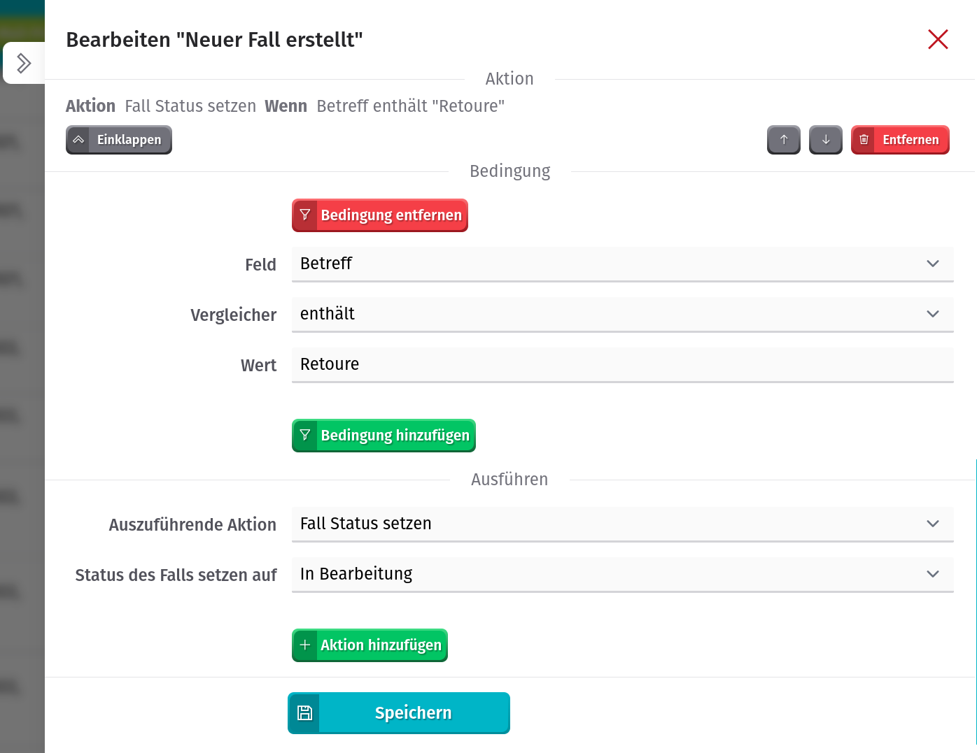 Ausgabestatus (Aktion) auf 'in Bearbeitung' setzen, wobei der Betreff das Schlüsselwort 'Retoure' enthält