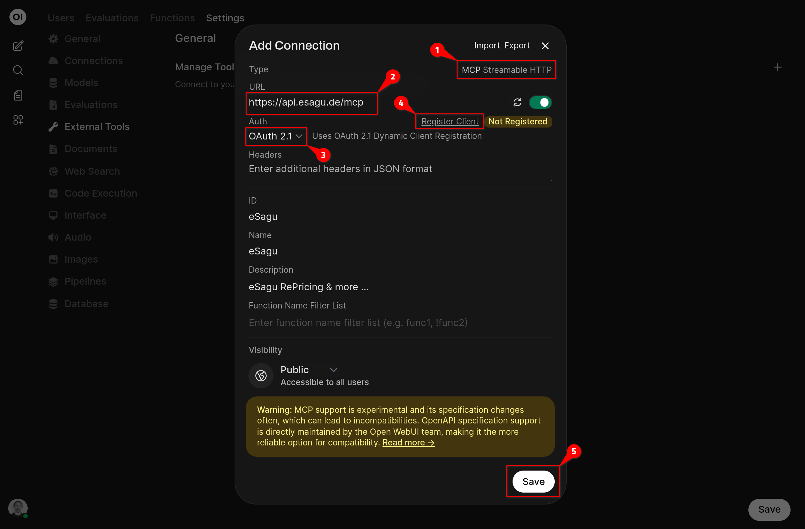 eSagu Remote MCP Server zu Open WebUI hinzufügen – Schritt 3 OpenWebUI%20Step-3